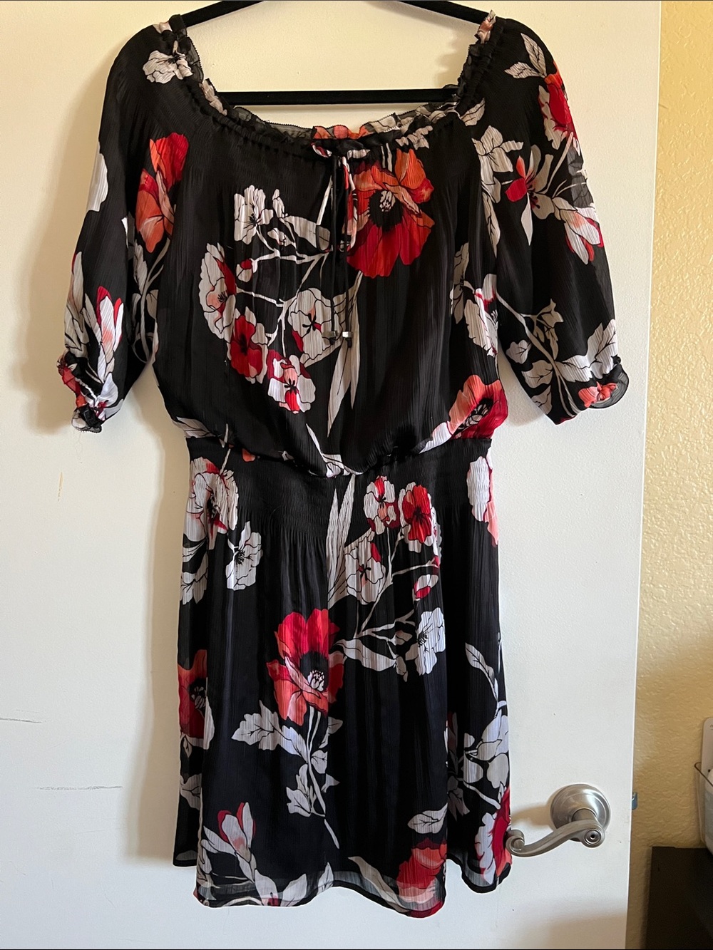White House Black Market Black Mini Dress with Red & White Floral Print